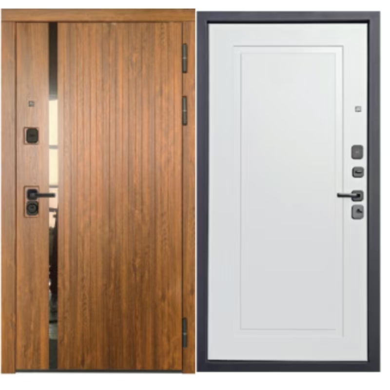 Warum ist die dicke Tür mit Edelstahlbesatz im Grain-Stil ideal für moderne Wohn- und Gewerberäume?